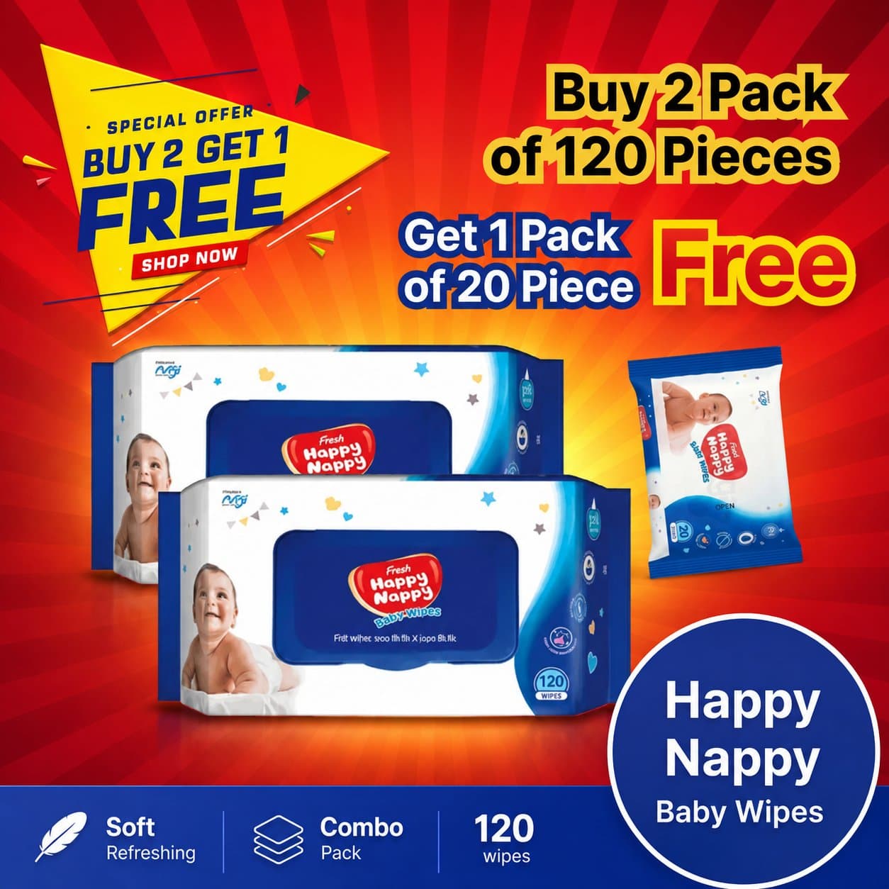 Fresh Happy Nappy Baby Wipes 120 pieces 2 Pack Combo - image 1